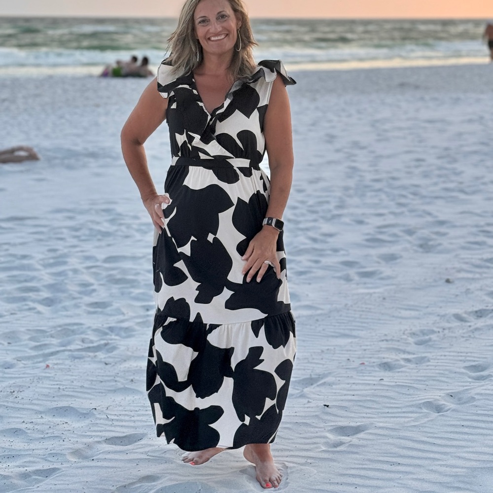 Elegant Black and a “Creamish Tan” Floral Maxi Dress